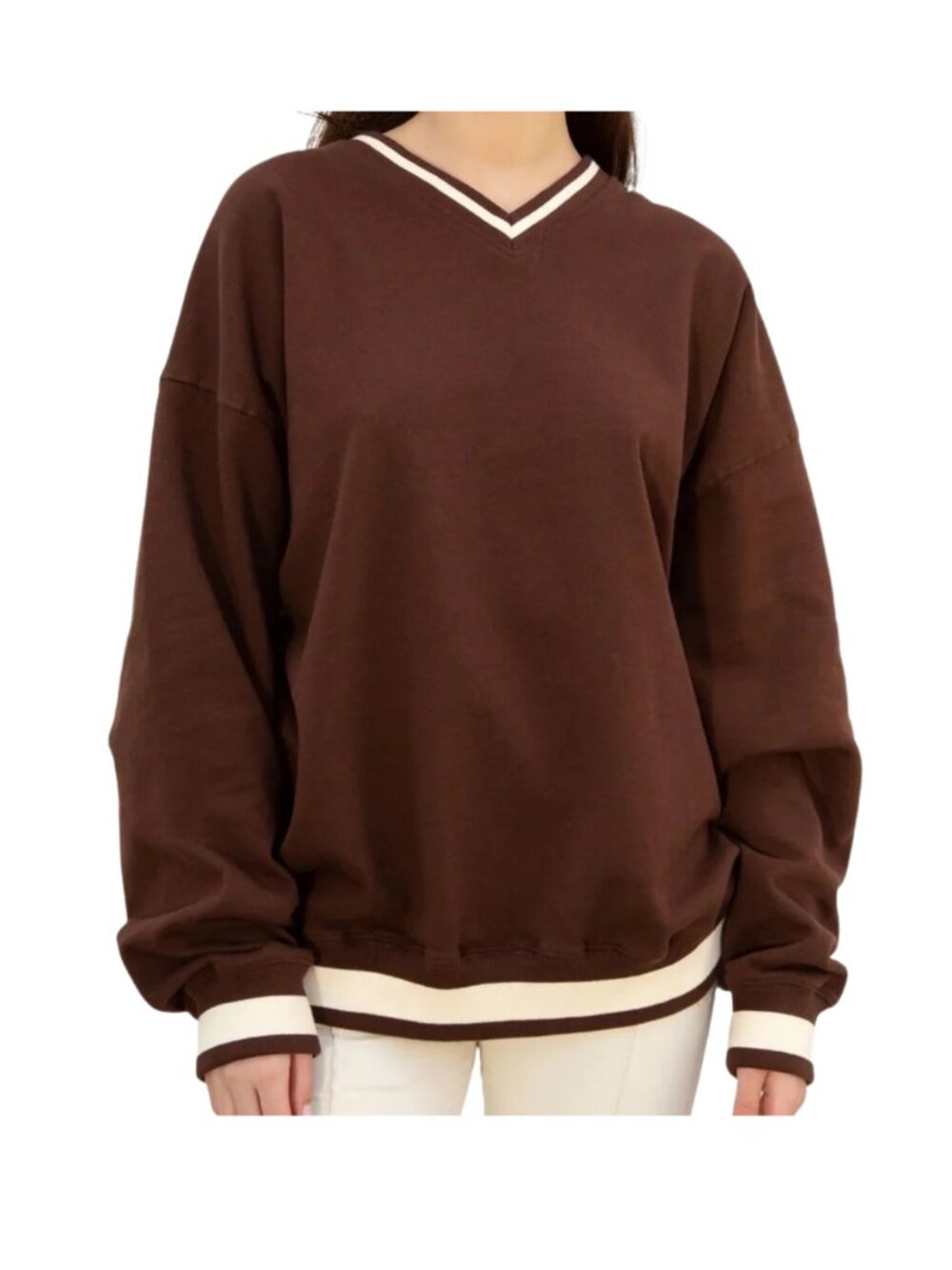 Brandy Melville Sweatshirt Womens Medium Brown Erica Off White Cream Shirt - Picture 3 of 14
